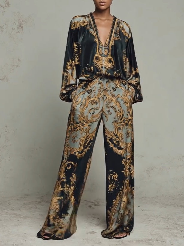 Completo casual top e pantaloni a palazzo stampa floreale barocca
