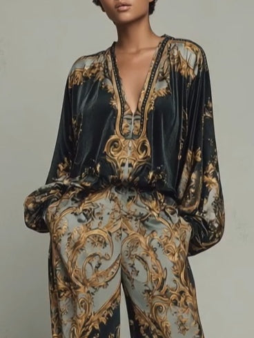 Completo casual top e pantaloni a palazzo stampa floreale barocca