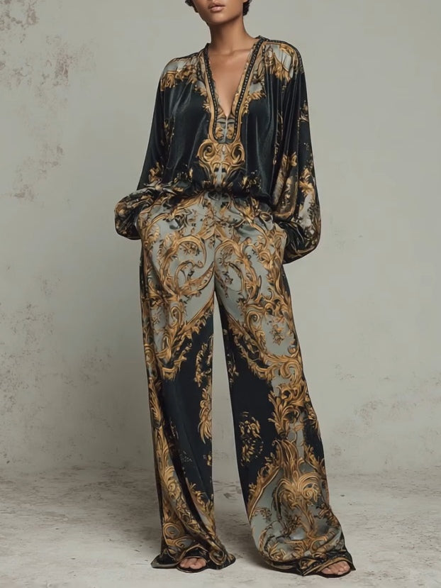 Completo casual top e pantaloni a palazzo stampa floreale barocca