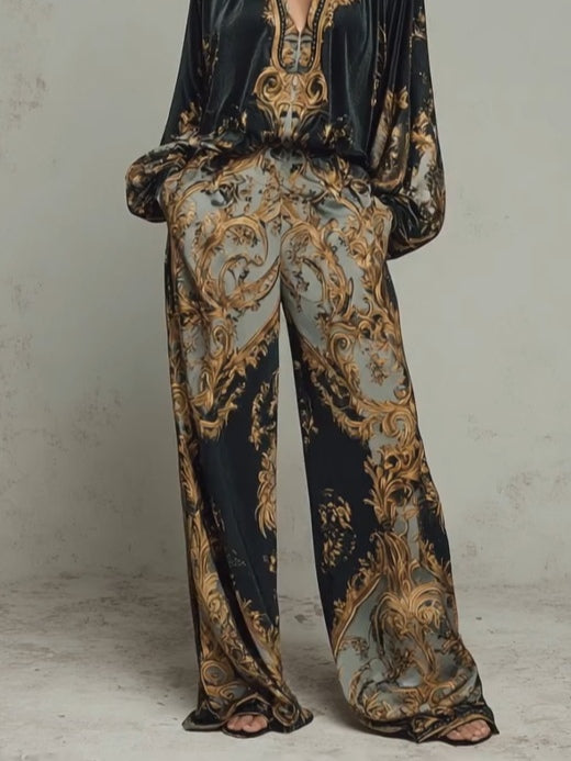 Completo casual top e pantaloni a palazzo stampa floreale barocca