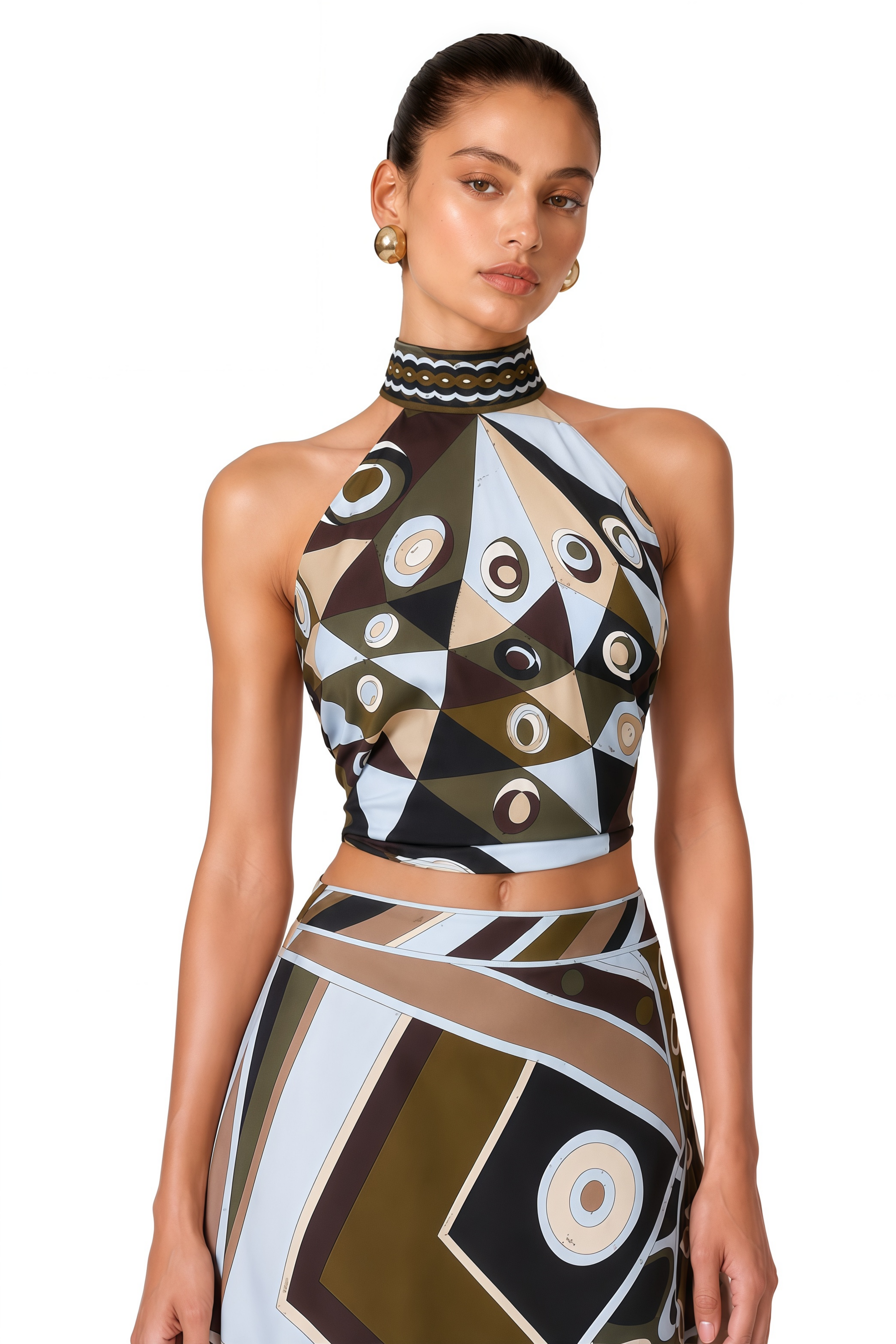 Yvette Black Abstract Print Halterneck Crop Top & Skirt Set