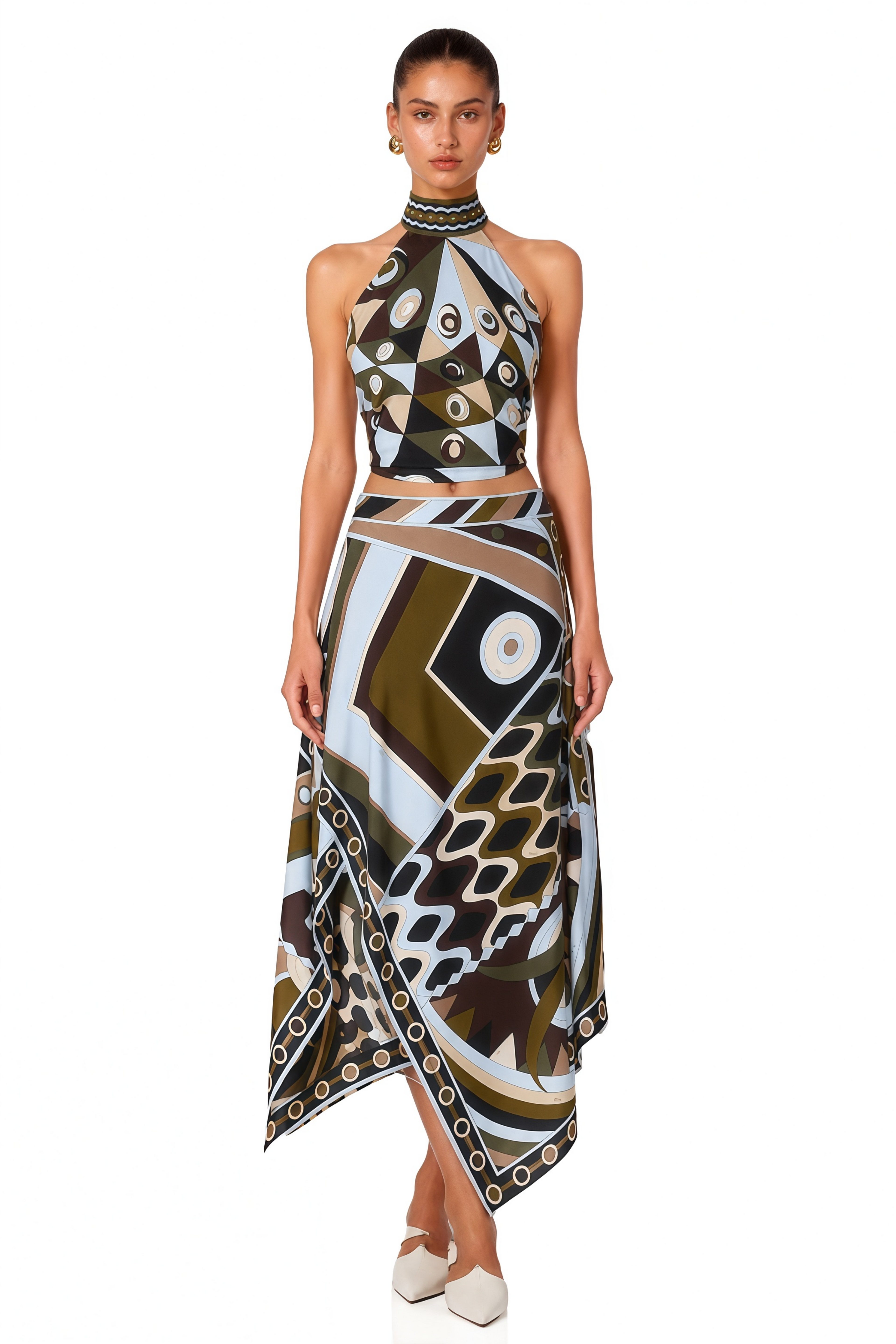 Yvette Black Abstract Print Halterneck Crop Top & Skirt Set