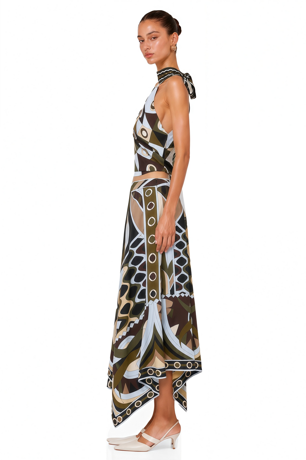 Yvette Black Abstract Print Halterneck Crop Top & Skirt Set