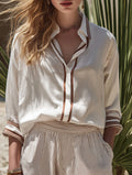 White Tencel Resort Shirt with Brown Trim Three-Quarter Sleeves