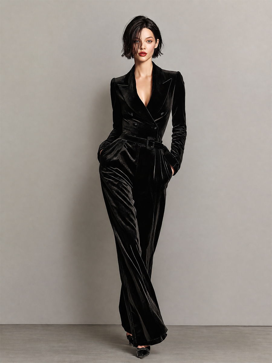 Women's Belted Velvet Blazer Lapel Wide‑Leg Jumpsuit MDZ0859I9LYL