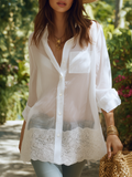 White Tencel Long Sleeve Shirt with Lace Hem