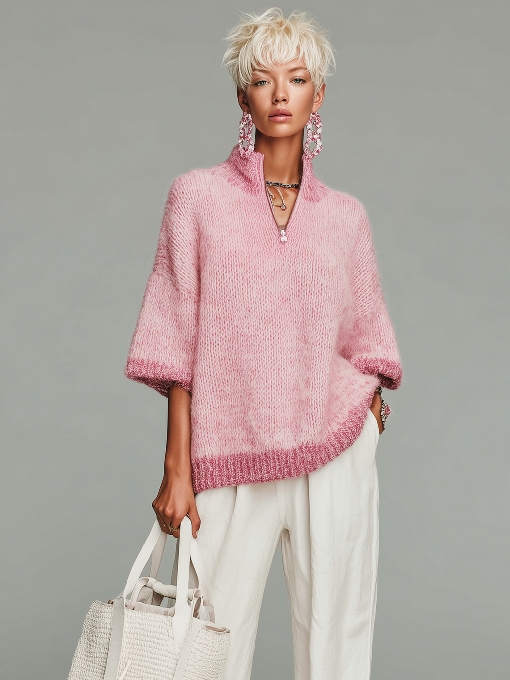 Stylish Casual Pink Stand-collar Zippered Short-sleeved Loose Knit Sweater Top
