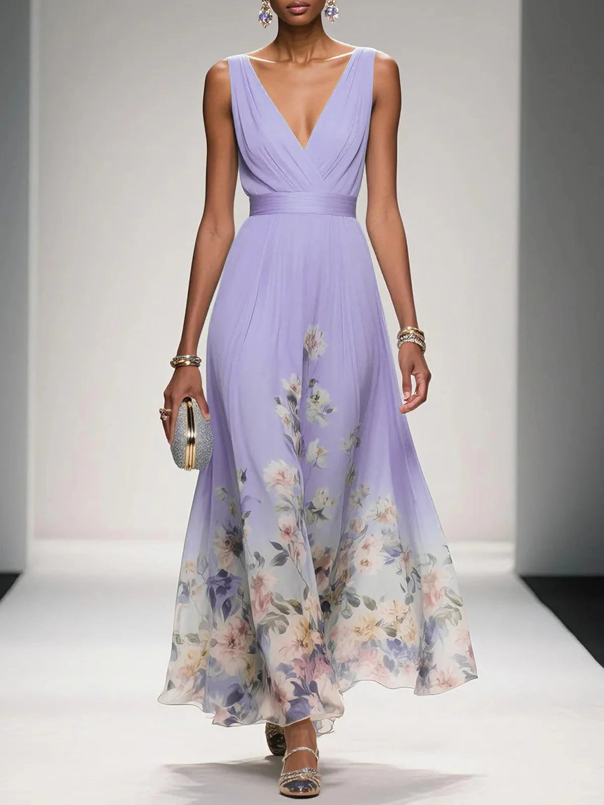 Floral Sky Blue Chiffon V-Neck Sleeveless Maxi Dress