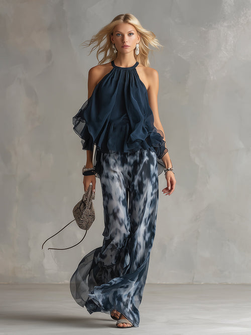 Ludovica | Elegant Set with Halter Top and Wide Printed Trousers