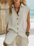 Bohemian Casual Ivory White Striped Loose Sleeveless Shirt