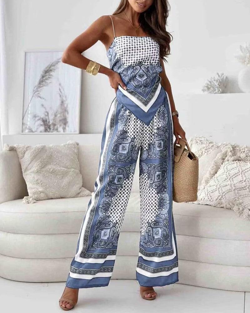 Two-Piece Vest and Pants Set with Print and Laces