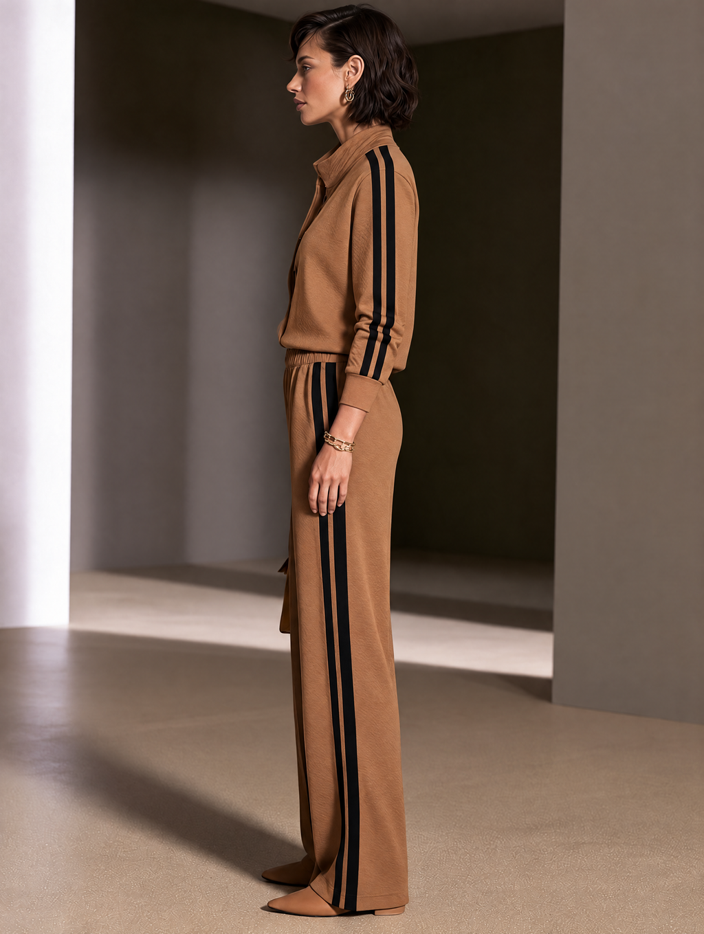 Women's Contrast Stripe Casual Stand Collar Wide-Leg Pants Set MDZ0103I7GMJ