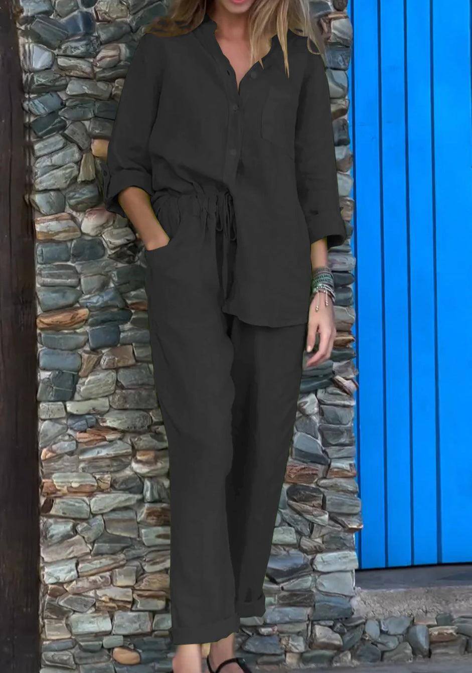 Casual Solid-Color V-Neck Cotton and Linen Two-Piece Set