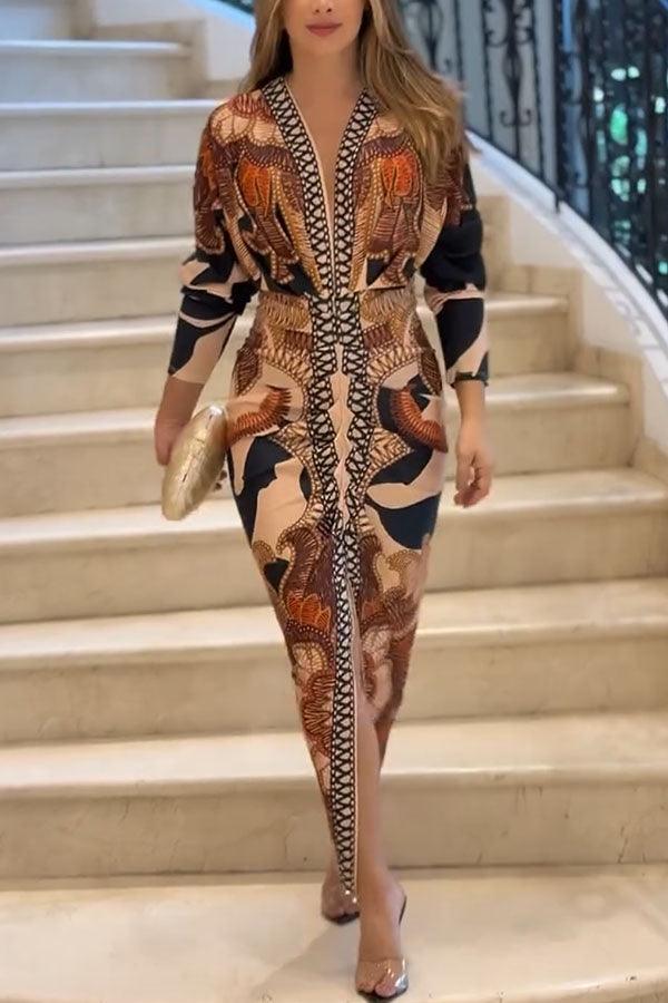 Midi Dress with Unique Print Long Dolman Sleeves and Slit