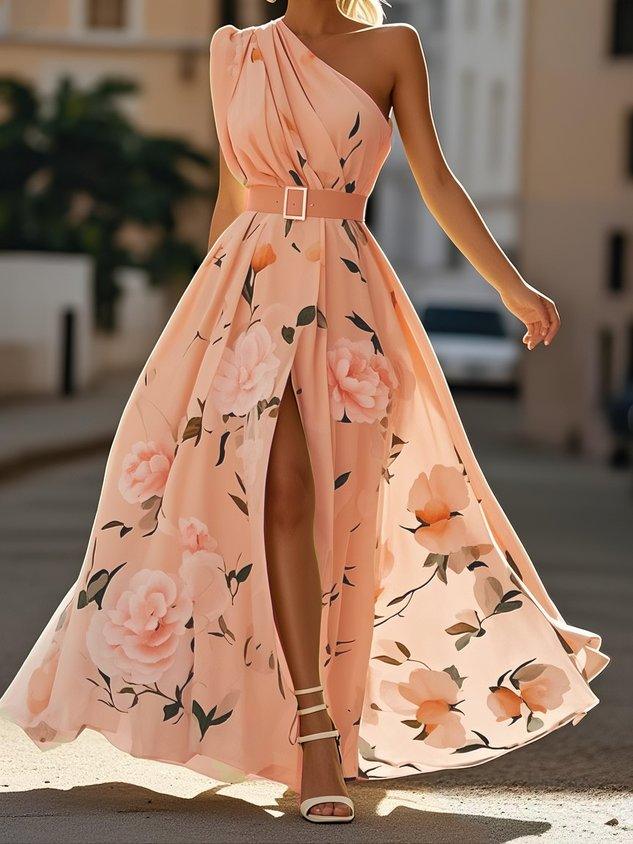Light Green Floral One Shoulder Ruffled Chiffon A-Line Maxi Dress