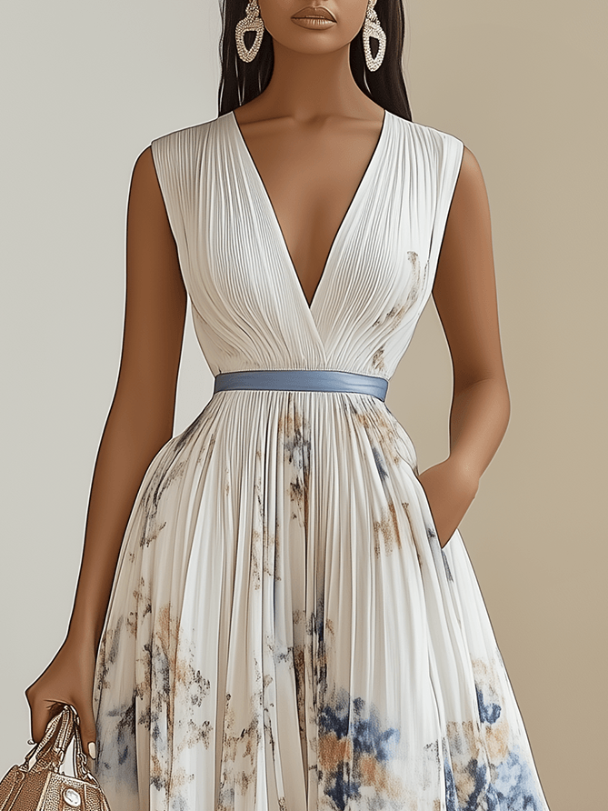 White Floral Pleated Chiffon V-Neck Sleeveless Midi Dress