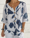 Printed Cotton and Linen V-Neck Pullover Shirt
