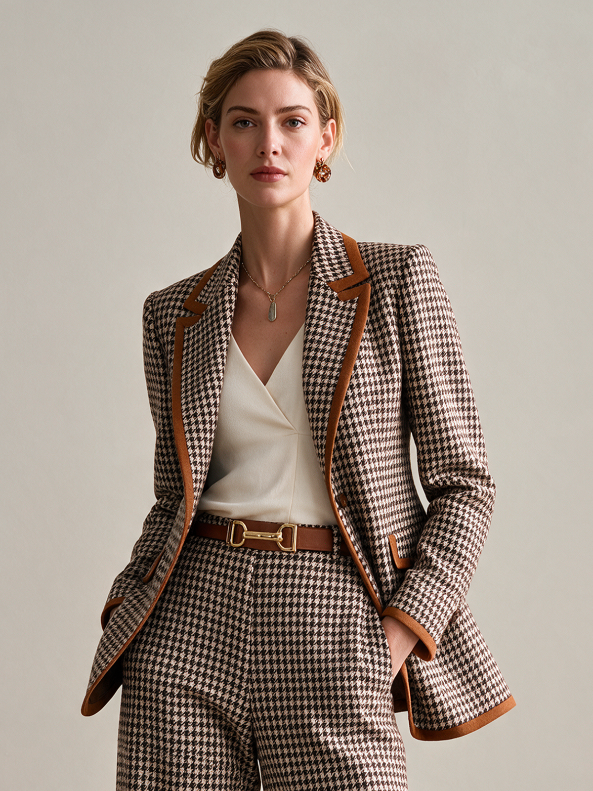 Elegant Brown Houndstooth Contrast-Trim Blazer
