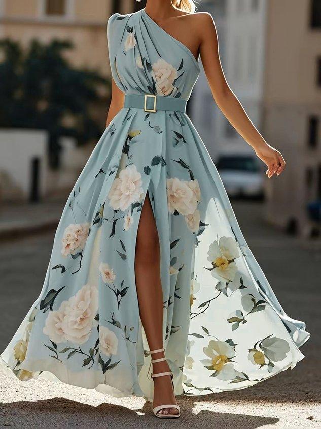 Light Green Floral One Shoulder Ruffled Chiffon A-Line Maxi Dress