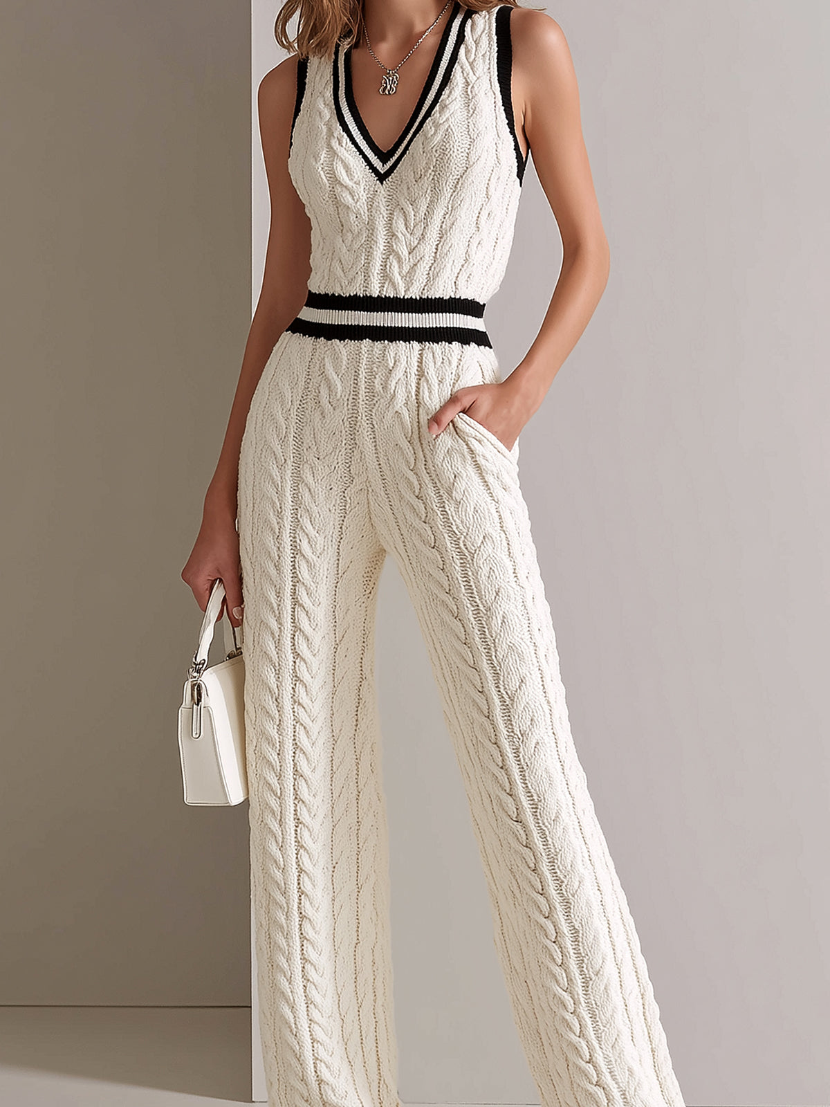Chic Elegant Cream White V-Neck Sleeveless Contrast Trim Detail Elastic-Waist Loose-Fit Cable Knit Jumpsuit