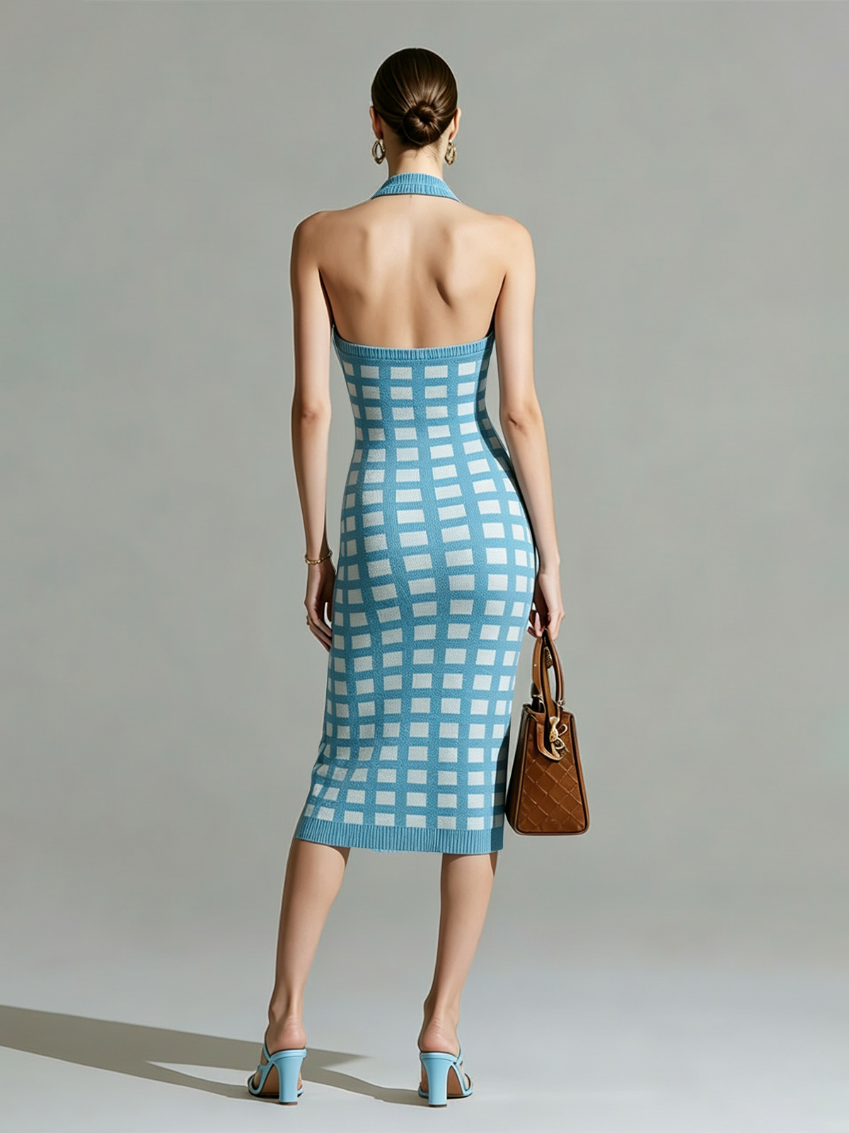 Stylish Elegant Blue-White Checkerboard Halter Neck V-Neck Slim-Fit Side Slit Ribbed Knit Midi Dress