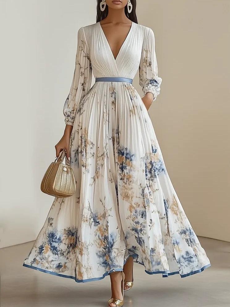 White Pleated Floral Chiffon V-Neck Maxi Dress with Balloon Sleeves