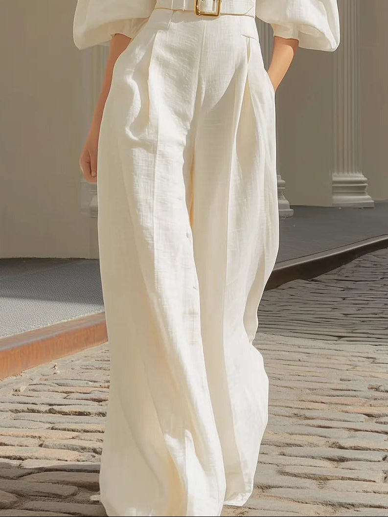 White V-Neck Wide-Leg Jumpsuit with Lantern Sleeves (Belt Included)
