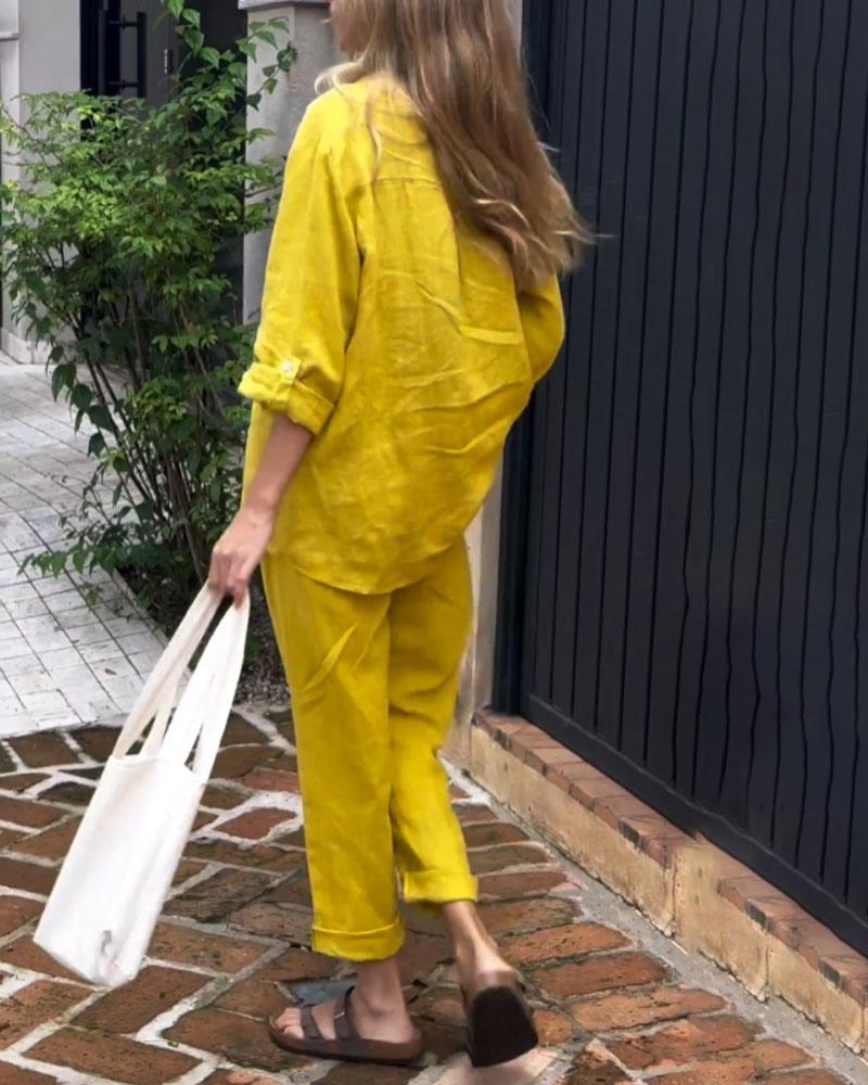 Casual Solid-Color V-Neck Cotton and Linen Two-Piece Set