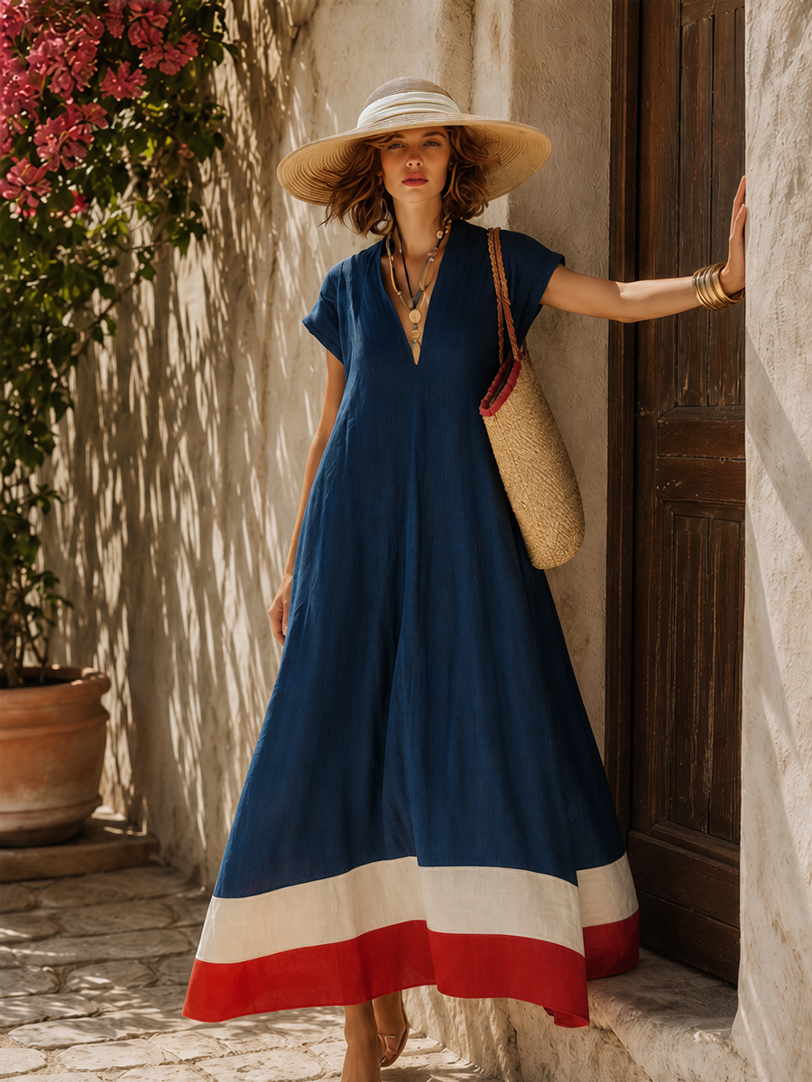 Minimalist Vacation-Style Red And White Hem Navy Blue Cotton-Linen Maxi Dress