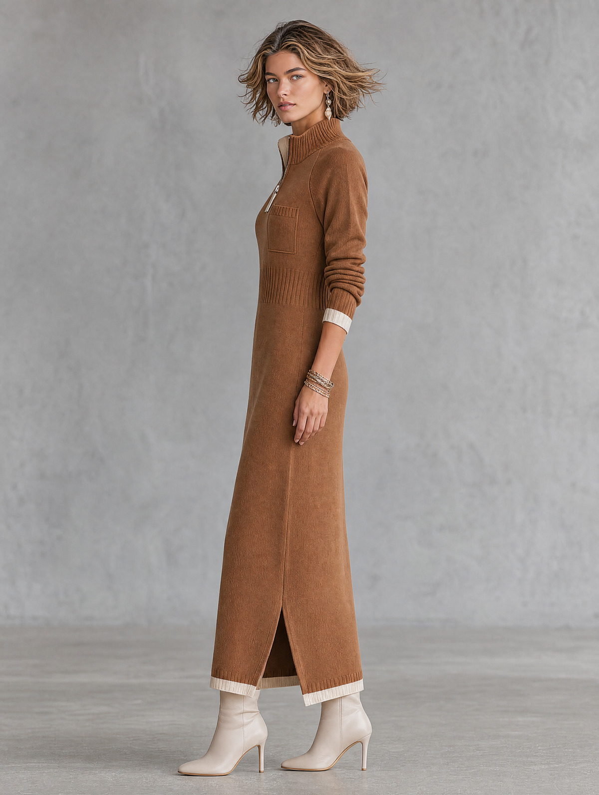 Women's Retro Color-Block Raglan-Sleeve Maxi Dress With Trim And Zip-Up Stand Collar MDZ2180H2WY