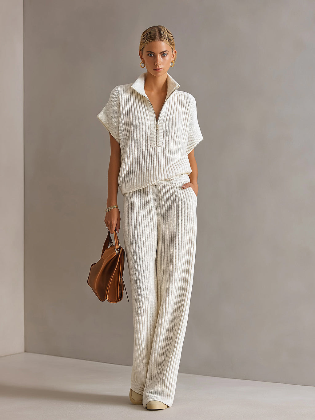 Chic Elegant Cream White Zipper-Up Stand Collar Oversize Short-Sleeve Sweater  Wide-Leg Pants Ribbed Knit Two-Piece Set