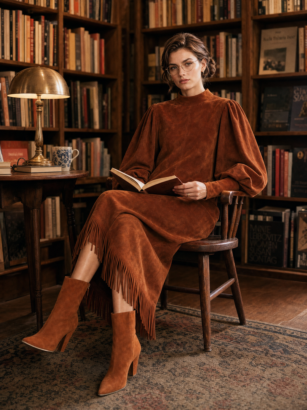 Women's Puff Sleeve Fringe Hem Brown Midi Dress MDZ0361I3YZJ