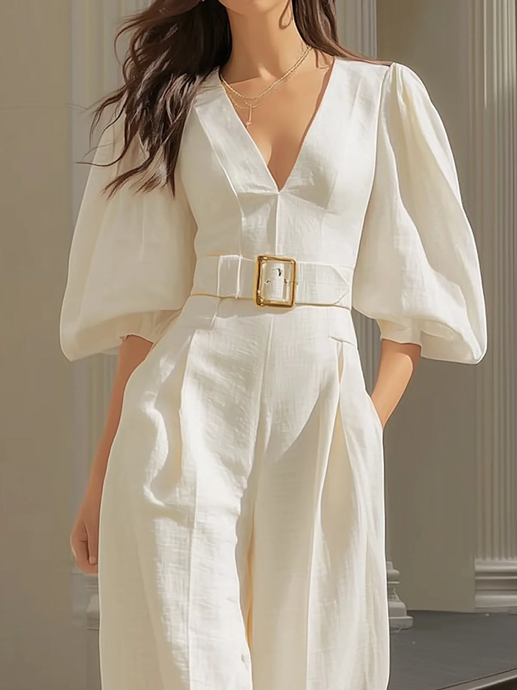 White V-Neck Wide-Leg Jumpsuit with Lantern Sleeves (Belt Included)