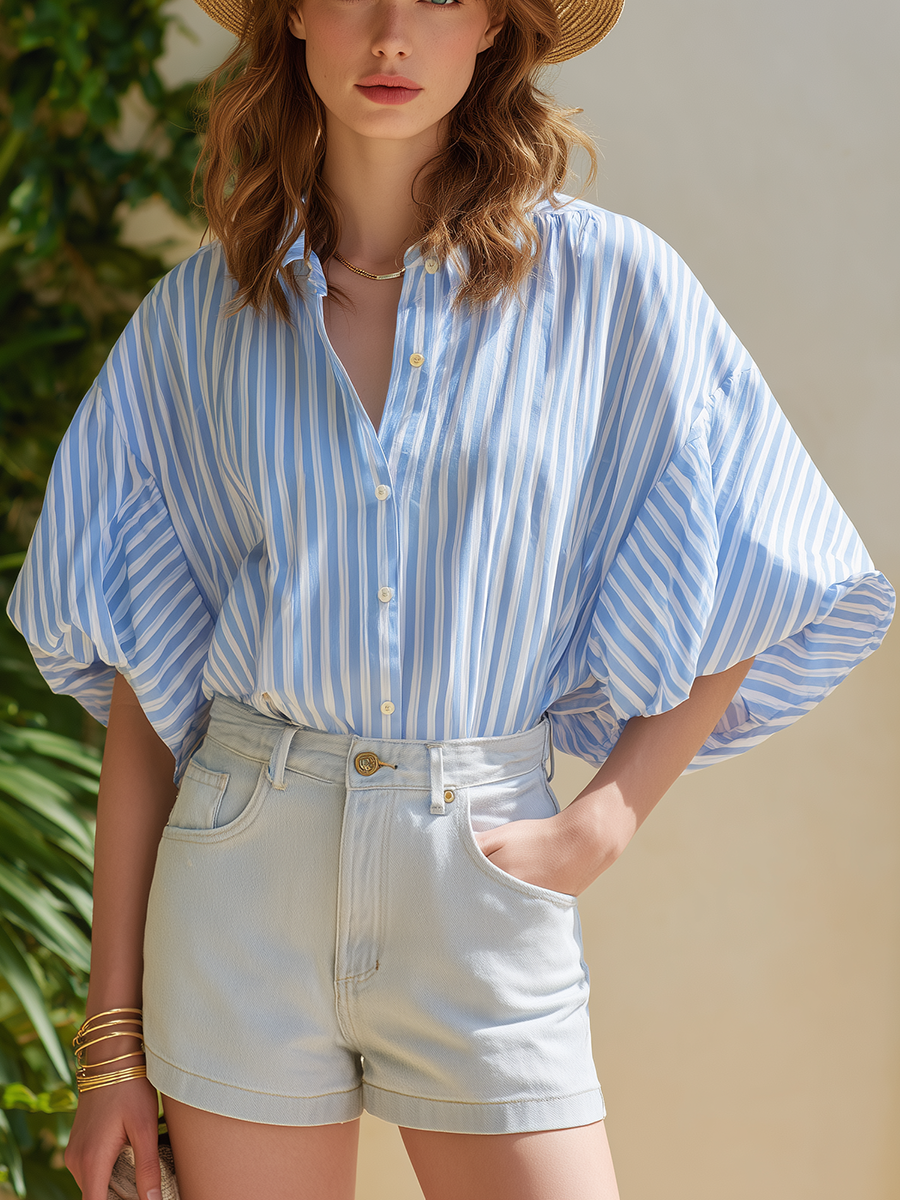 Blue and White Striped Short Sleeve Resort Shirt