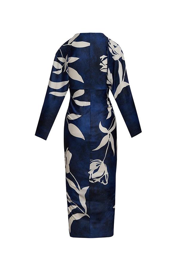 Midi Dress with Unique Print Long Dolman Sleeves and Slit