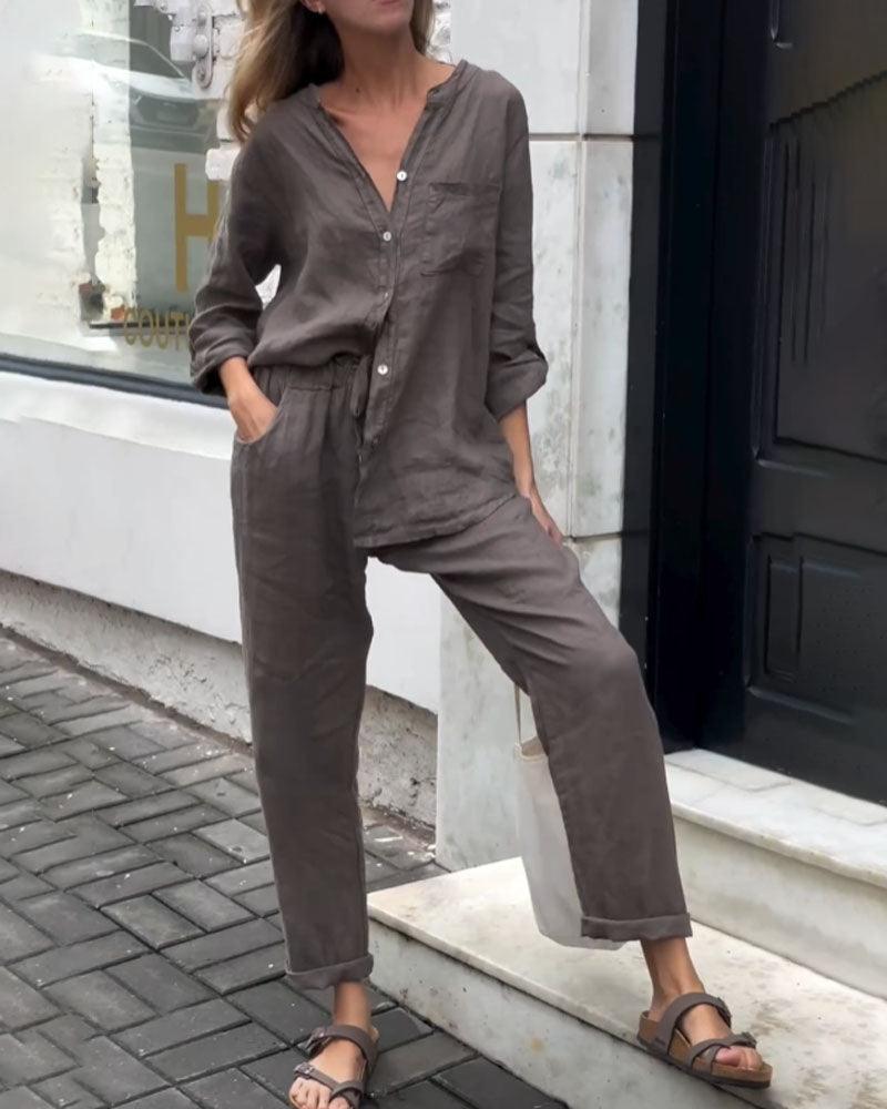 Casual Solid-Color V-Neck Cotton and Linen Two-Piece Set