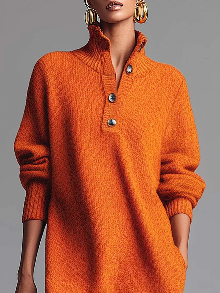 Orange Knitted Midi Dress with Lapel and Front Buttons