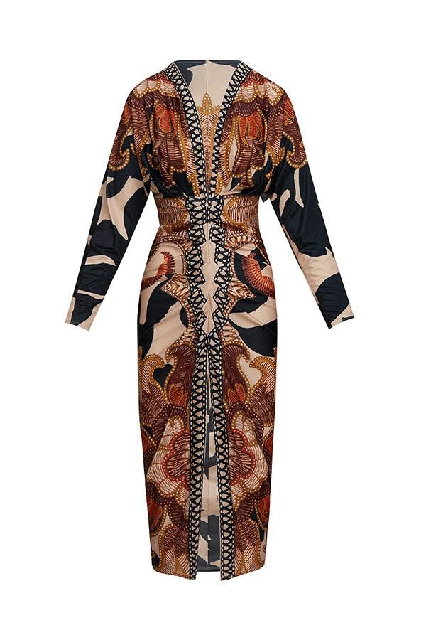 Midi Dress with Unique Print Long Dolman Sleeves and Slit