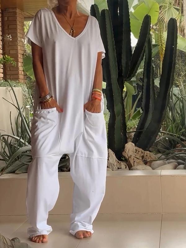 Solid Color V-Neck Casual Jumpsuit