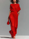 Chic Elegant Red Boat Neck Short-Sleeve Loose-Fit Breathable Knit Maxi Dress (Including A Slip Dress)