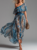 Wild - Long chiffon dress with leopard print and bare shoulders