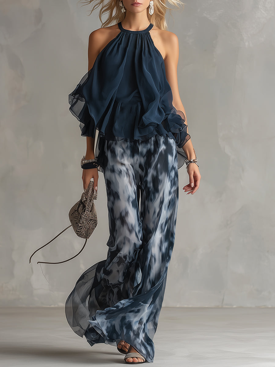 Ludovica | Elegant Set with Halter Top and Wide Printed Trousers