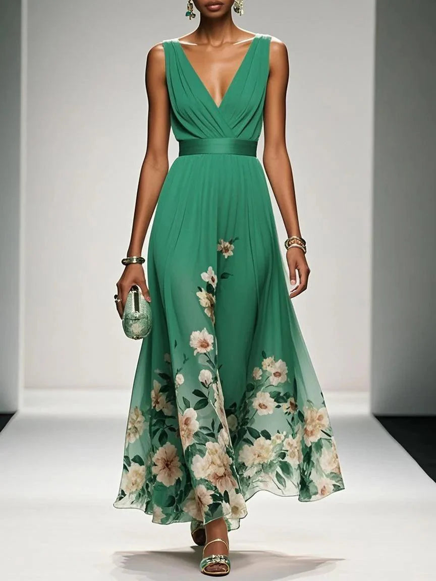 Floral Sky Blue Chiffon V-Neck Sleeveless Maxi Dress