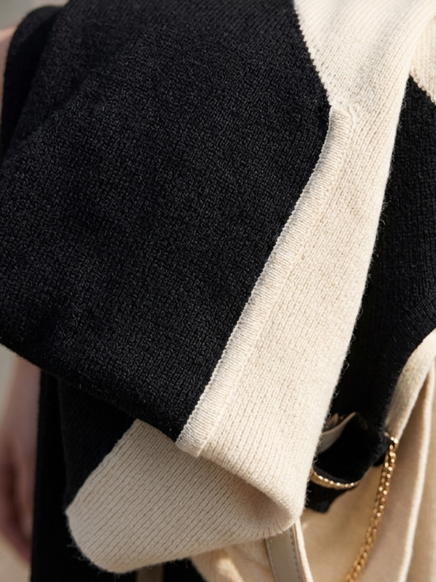 Women's Two-Tone Black Off White Stretch Knit Maxi Gown With Contrast Trim Turtleneck & Vertical Side Stripe, Sophisticated Slim Fit Long Sleeve Sweater Dress MDZ2767G7LYL