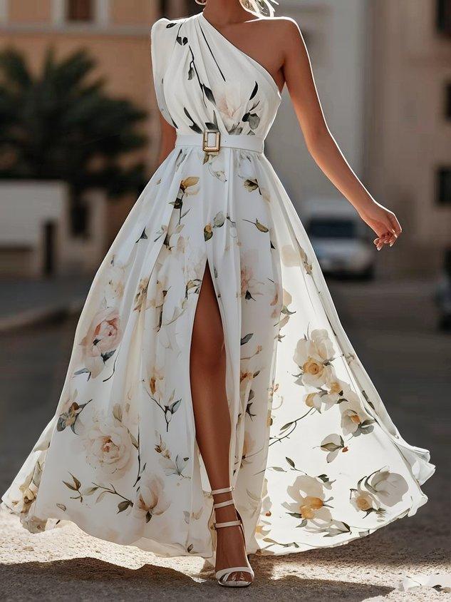 Light Green Floral One Shoulder Ruffled Chiffon A-Line Maxi Dress