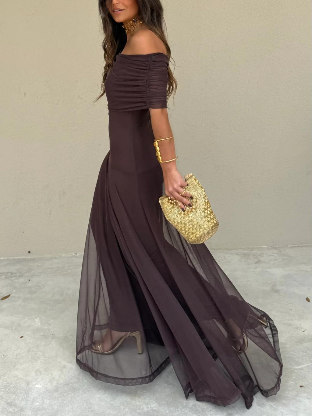 Brown One-Shoulder Mesh Maxi Dress