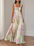 White Pleated Floral Chiffon Square-Neck Sleeveless Maxi Dress