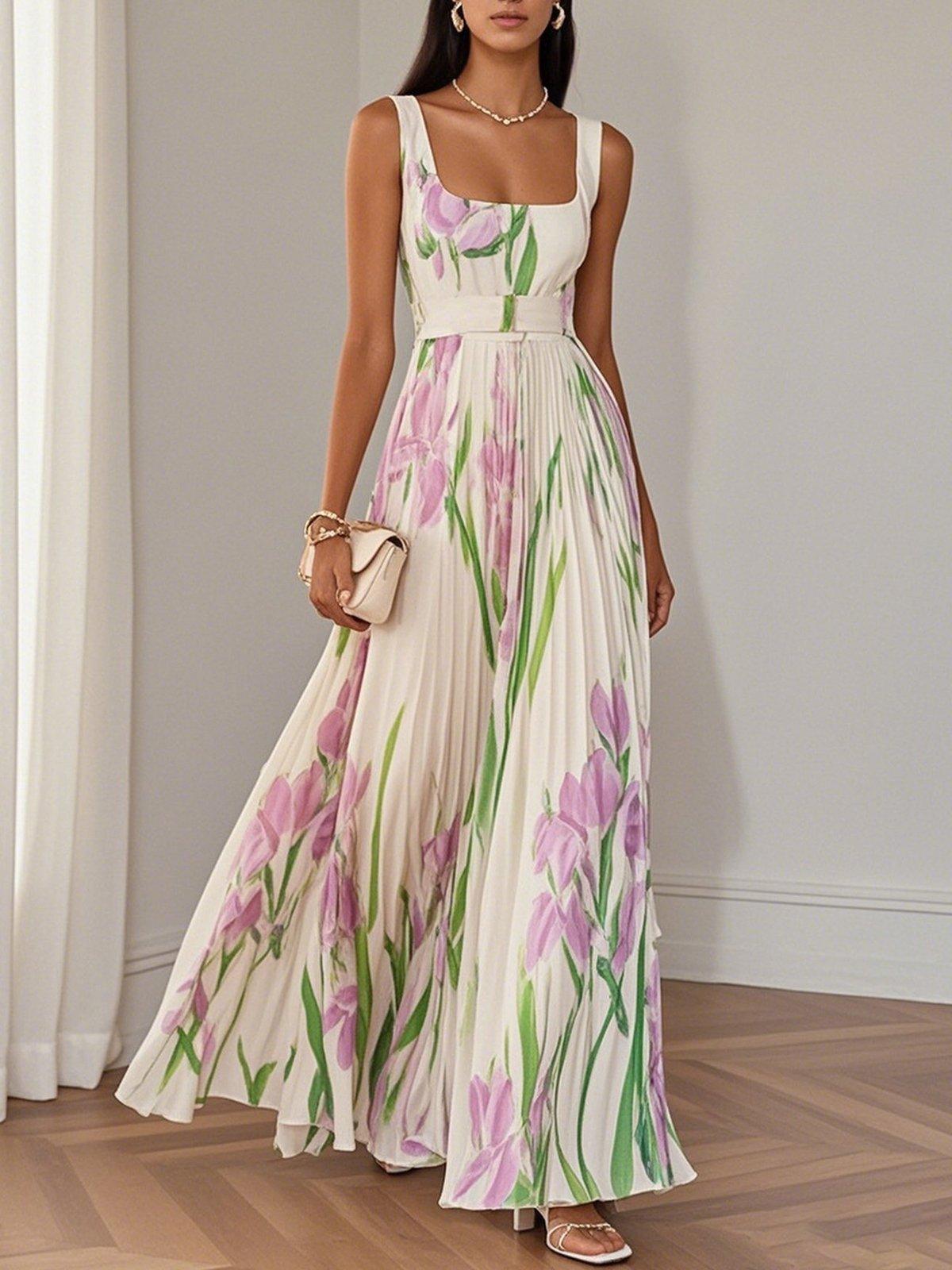 White Pleated Floral Chiffon Square-Neck Sleeveless Maxi Dress