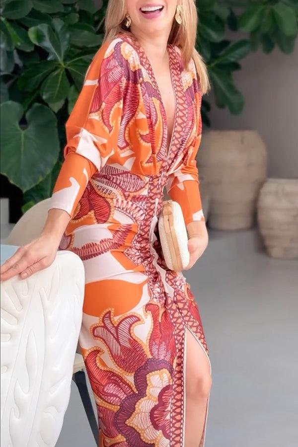 Midi Dress with Unique Print Long Dolman Sleeves and Slit
