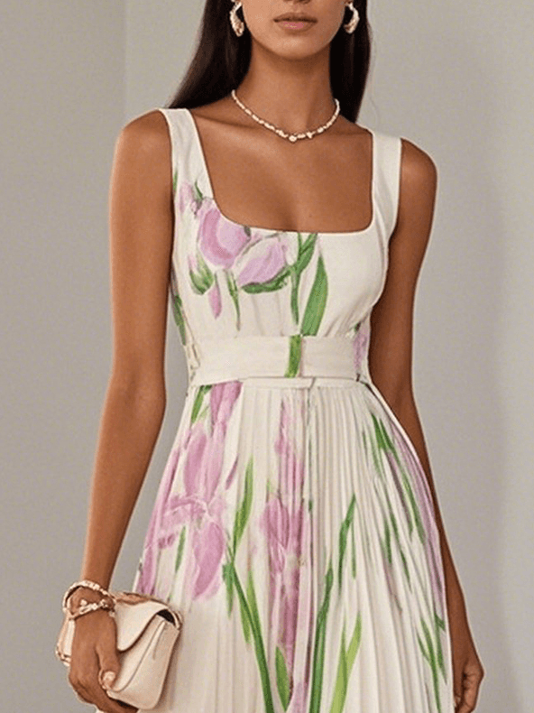 White Pleated Floral Chiffon Square-Neck Sleeveless Maxi Dress